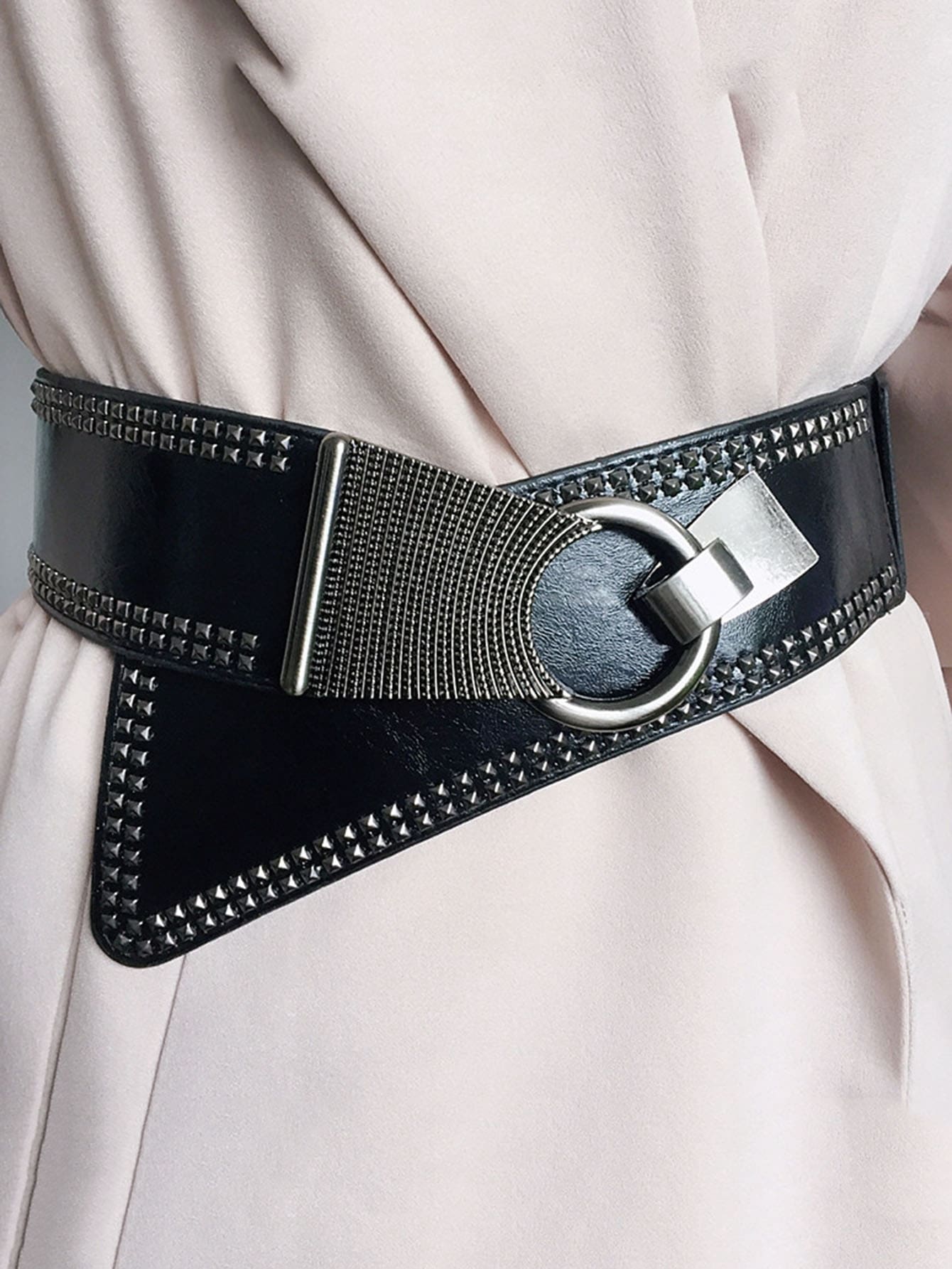 Studded Decor Asymmetrical Buckle Elastic Belt - Black - View 1