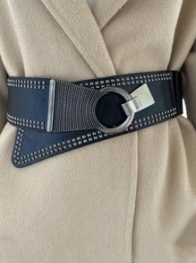 Studded Decor Asymmetrical Buckle Elastic Belt - Black - View 2