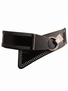 Studded Decor Asymmetrical Buckle Elastic Belt - Black - View 4