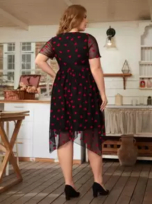 SHEIN Clasi Plus 1pc Heart Print Hanky Hem Mesh Overlay Dress - Multicolor - View 6