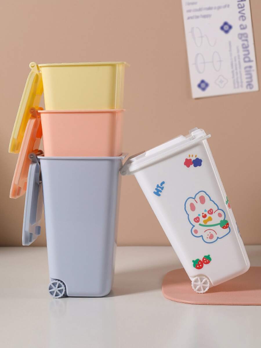 1pc Random Desktop Storage Bucket With Cartoon Sticker - White - View 1