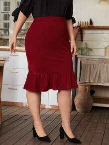 SHEIN Clasi Plus 1pc High Waist Mermaid Hem Skirt - Burgundy - View 6