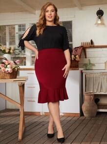 SHEIN Clasi Plus 1pc High Waist Mermaid Hem Skirt - Burgundy - View 7