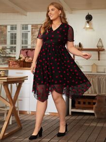 SHEIN Clasi Plus 1pc Heart Print Hanky Hem Mesh Overlay Dress - Multicolor - View 2