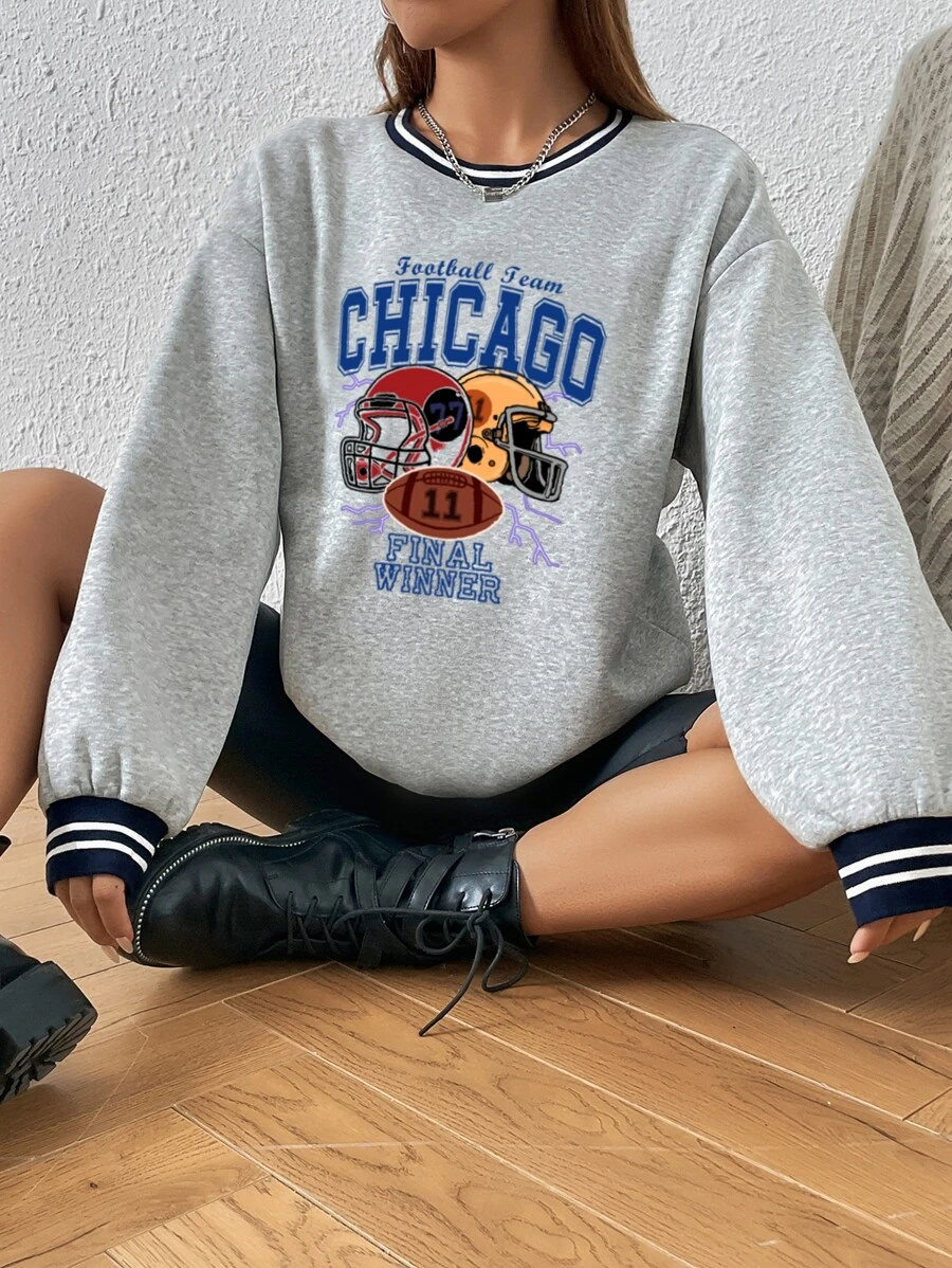 SHEIN Unity American Football And Letter Graphic Drop Shoulder Sweatshirt - Light Grey - View 1