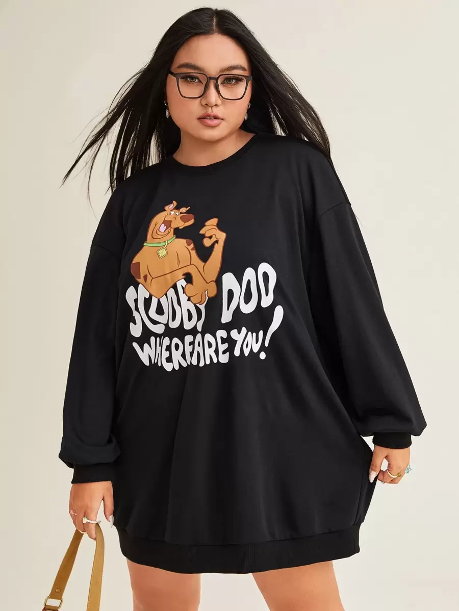 SCOOBY-DOO X SHEIN Plus Cartoon Graphic Drop Shoulder Sweatshirt Dress - Black - View 1