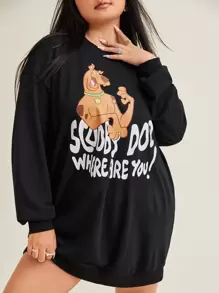 SCOOBY-DOO X SHEIN Plus Cartoon Graphic Drop Shoulder Sweatshirt Dress - Black - View 3