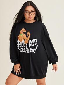 SCOOBY-DOO X SHEIN Plus Cartoon Graphic Drop Shoulder Sweatshirt Dress - Black - View 4