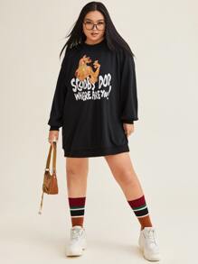 SCOOBY-DOO X SHEIN Plus Cartoon Graphic Drop Shoulder Sweatshirt Dress - Black - View 7
