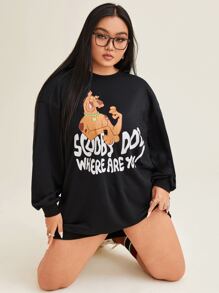 SCOOBY-DOO X SHEIN Plus Cartoon Graphic Drop Shoulder Sweatshirt Dress - Black - View 8