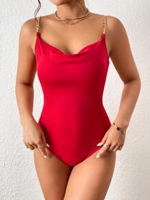 Allurite Chain Strap Draped Front Cami Bodysuit - Red - View 4