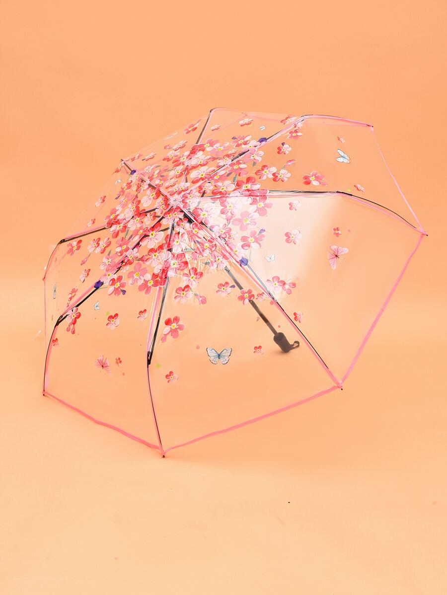 1 pieza Paraguas con mariposa & con patrón floral transparente - transparente - Ver 1
