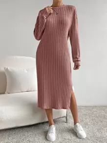 SHEIN Essnce Solid Split Hem Tee Dress Without Belt - Dusty Pink - View 1