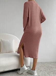 SHEIN Essnce Solid Split Hem Tee Dress Without Belt - Dusty Pink - View 2