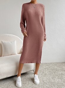 SHEIN Essnce Solid Split Hem Tee Dress Without Belt - Dusty Pink - View 3