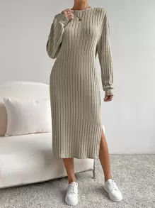 SHEIN Essnce Vestido estilo camiseta unicolor bajo con abertura sin cinturón - Albaricoque - Ver 1