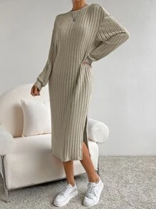 SHEIN Essnce Vestido estilo camiseta unicolor bajo con abertura sin cinturón - Albaricoque - Ver 3