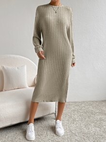 SHEIN Essnce Vestido estilo camiseta unicolor bajo con abertura sin cinturón - Albaricoque - Ver 4