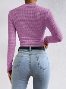 SHEIN Essnce 素色華夫格編織側收褶短款T恤 - 紫丁香色 - 查看 2