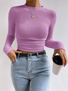 SHEIN Essnce 素色華夫格編織側收褶短款T恤 - 紫丁香色 - 查看 4