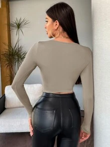 Siren Gaze Áo thun nữ màu trơn Giải trí - Màu Khaki - Xem 2