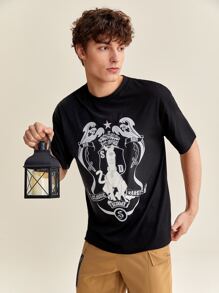 SCOOBY-DOO X SHEIN 男士卡通和字母圖案T恤 - 黑色 - 查看 7