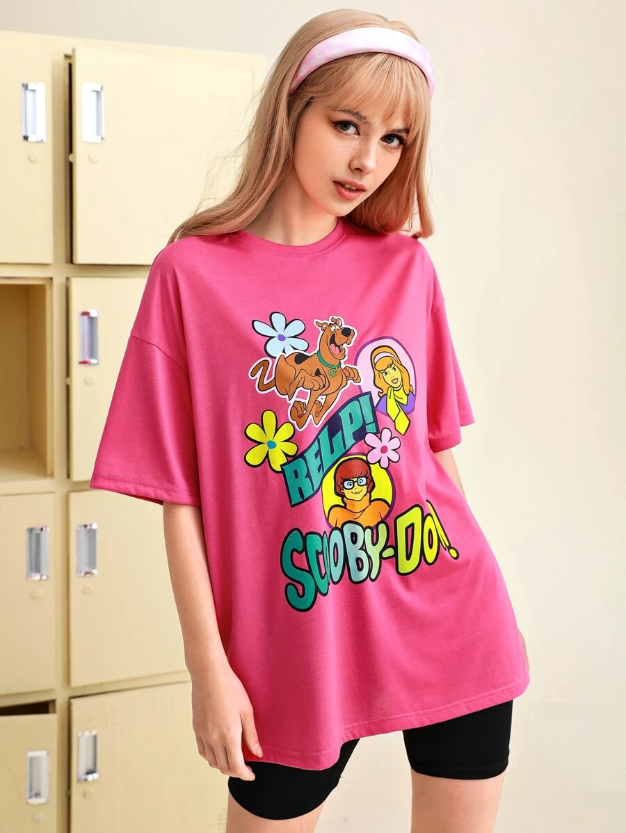 SCOOBY-DOO X SHEIN Áo thun nữ Hoạt hình Lá thư Giải trí - Màu Hồng Tươi - Xem 1