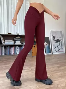 SHEIN EZwear Pantalones acampanados 90s talle bajo fruncido - Burdeos - Ver 6