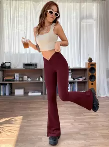 SHEIN EZwear Pantalones acampanados 90s talle bajo fruncido - Burdeos - Ver 1
