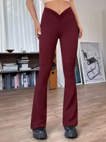 SHEIN EZwear Pantalones acampanados 90s talle bajo fruncido - Burdeos - Ver 5