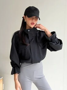 DAZY Cazadora con bolsillo con solapa de manga con volante bajo con cordón - Negro - Ver 5