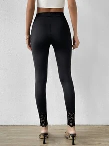 SHEIN Essnce Contrast Lace Leggings - Black - View 2