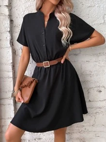 SHEIN LUNE Vestido camisero unicolor con botón sin cinturón - Negro - Ver 5