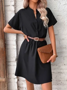 SHEIN LUNE Vestido camisero unicolor con botón sin cinturón - Negro - Ver 4