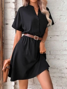 SHEIN LUNE Vestido camisero unicolor con botón sin cinturón - Negro - Ver 3