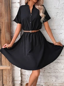 SHEIN LUNE Vestido camisero unicolor con botón sin cinturón - Negro - Ver 6