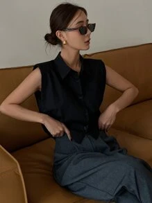 DAZY Solid Button Front Sleeveless Shirt - Black - View 1