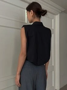 DAZY Solid Button Front Sleeveless Shirt - Black - View 2