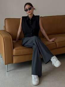 DAZY Solid Button Front Sleeveless Shirt - Black - View 3