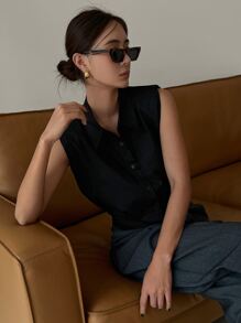 DAZY Solid Button Front Sleeveless Shirt - Black - View 4