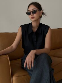DAZY Solid Button Front Sleeveless Shirt - Black - View 5