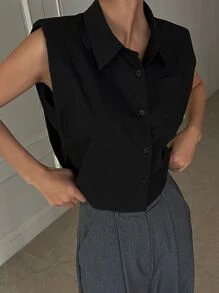 DAZY Solid Button Front Sleeveless Shirt - Black - View 6