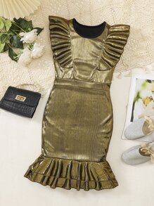 Chica preadolescente Vestido de fiesta ribete con fruncido bajo sirena - Dorado - Ver 1