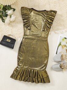 Chica preadolescente Vestido de fiesta ribete con fruncido bajo sirena - Dorado - Ver 2