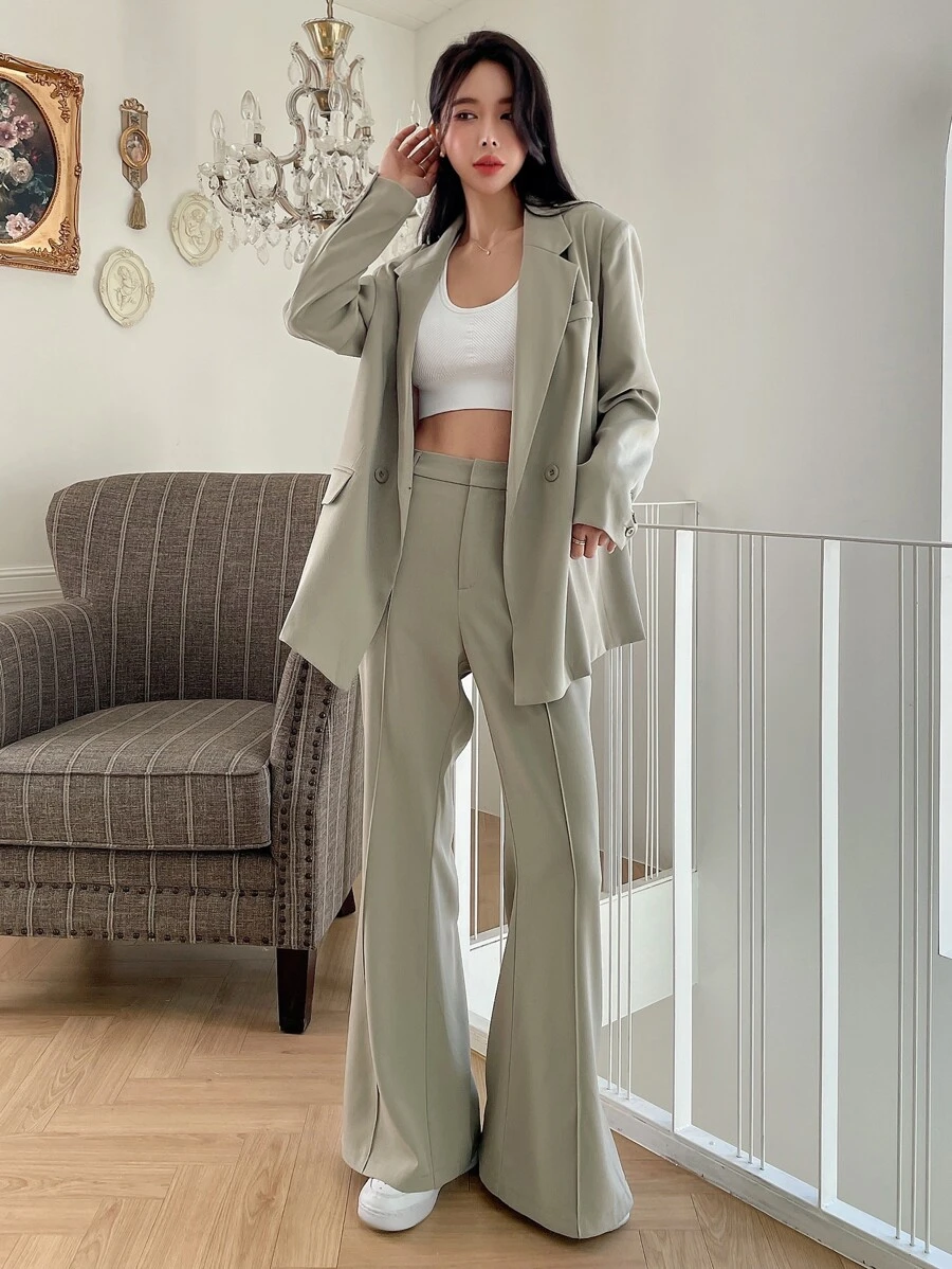 DAZY Áo khoác blazer cổ ve lật & quần ống loe, trang phục công sở mùa thu - Màu Khaki - Xem 1