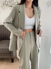 DAZY Áo khoác blazer cổ ve lật & quần ống loe, trang phục công sở mùa thu - Màu Khaki - Xem 2