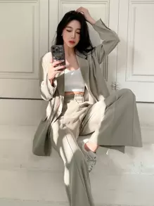 DAZY Áo khoác blazer cổ ve lật & quần ống loe, trang phục công sở mùa thu - Màu Khaki - Xem 3