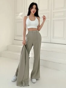 DAZY Áo khoác blazer cổ ve lật & quần ống loe, trang phục công sở mùa thu - Màu Khaki - Xem 4