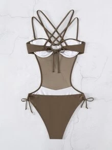 交叉鋼圈連體泳衣 - 咖啡棕 - 查看 2