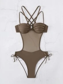 交叉鋼圈連體泳衣 - 咖啡棕 - 查看 5